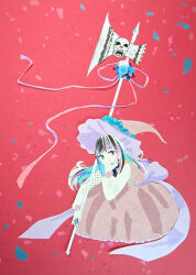  1girl aqua_streaks back_bow black_streaks blue_bow blue_flower blue_ribbon blue_streaks bow commentary_request dress elbow_on_knee flower frilled_dress frills grey_dress grey_hat halberd hand_up hat head_rest highres holding holding_polearm holding_weapon long_hair long_sleeves masking_tape_(medium) mixed_media multicolored_hair original pinafore_dress pink_ribbon polearm red_background ribbon ryono shirt skull skull_ring sleeveless sleeveless_dress streaked_hair traditional_media unconventional_media weapon white_shirt white_streaks wispy_bangs witch_hat 