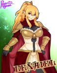  1girl agawa_ryou armor artist_name blonde_hair breastplate breasts cape character_name copyright_request earrings fantasy hand_on_hip jewelry large_breasts orange_eyes pauldrons pointy_ears ponytail showgirl_skirt skin_tight solo 