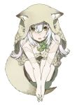  1girl animal_skin_hat bare_shoulders breasts fangs fingernails from_above hair_between_eyes hands_together hoodie kneeling long_fingernails long_hair looking_up mattaku_mousuke open_mouth pointy_ears scar simple_background sitting solo tail white_background white_hair yellow_eyes 