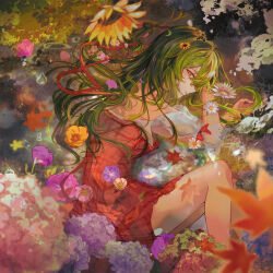  1girl commentary commission dress flower from_side full_body green_hair highres hydrangea kazami_yuuka leaf legs long_hair looking_at_viewer nekondx outdoors parted_lips plaid_clothes plaid_dress red_dress red_eyes solo sunflower touhou 