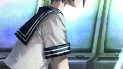  arcade arcade_cabinet black_neckerchief black_sailor_collar black_sleeves brown_hair child cropped_shirt flat_chest game_cg getting_up highres huke indoors looking_to_the_side neckerchief non-web_source official_art sailor_collar school_uniform serafuku shirt short_sleeves short_twintails steins;gate steins;gate:_linear_bounded_phenogram tennouji_nae twintails white_shirt white_stripes 