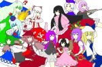  6+girls animal_ears antennae black_hair blazer blonde_hair blue_eyes blue_hair bow cape carrot dress ex-keine fujiwara_no_mokou green_eyes green_hair hair_bow hat highres horns houraisan_kaguya imperishable_night inaba_tewi kamishirasawa_keine long_hair mallet moon_rabbit multiple_girls mystia_lorelei open_mouth purple_hair rabbit_ears red_cross red_eyes reisen reisen_udongein_inaba ribbon short_hair silver_hair skirt smile sword tail touhou watatsuki_no_toyohime watatsuki_no_yorihime weapon white_background white_hair wings wriggle_nightbug yagokoro_eirin yellow_eyes 