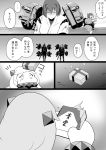  3girls bifidus box cannon comic commentary gift gift_box hyuuga_(kantai_collection) ise_(kantai_collection) japanese_clothes kantai_collection machinery monochrome multiple_girls northern_ocean_hime revision short_hair tears translation_request turret undershirt 