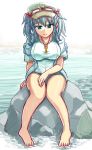  1girl absurdres aqua_eyes blue_hair breasts dripping full_body goggles goggles_on_head hair_bobbles hair_ornament hat highres kawashiro_nitori key knees_together_feet_apart looking_at_viewer shirt short_sleeves sitting sitting_on_rock smile solo swimsuit swimsuit_under_clothes tanakara taut_clothes taut_shirt touhou twintails wet wet_clothes 