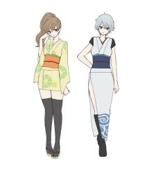  2girls alternate_costume artist_request black_thighhighs blue_sash brown_eyes brown_hair commentary english_commentary genderswap genderswap_(mtf) gintama grey_hair japanese_clothes kimono long_hair multiple_girls obi okita_sougo okita_souko orange_sash ponytail sakata_ginko sakata_gintoki sash short_hair side_slit thigh-highs yellow_kimono 