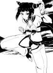  1girl bare_shoulders breasts cleavage fingerless_gloves gloves han_juri highres kazuchi leg_up lineart monochrome pants sideboob smile solo standing_on_one_leg street_fighter tongue tongue_out 