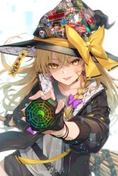  1girl adapted_costume bad_apple!! bagua bandaid bandaid_on_cheek bandaid_on_face batman_(series) batman_symbol black_jacket black_shorts blonde_hair bow brand_name_imitation choker collarbone commentary_request contemporary dc_comics fingerless_gloves ghostbusters gloves greenkohgen hakurei_reimu hat hat_bow heart highres holding i_heart... jacket jojo_no_kimyou_na_bouken kfc kirisame_marisa logo_parody long_hair mini-hakkero monster_energy pepsi playboy point_item_(touhou) power_item_(touhou) shirt shorts side_ponytail simple_background solo super_mario_bros. super_mushroom super_smash_bros. super_smash_bros._logo supreme_(brand) tongue tongue_out touhou trigram twitter twitter_logo white_background white_shirt witch witch_hat wryyyyyyyyyyyyyyyyyyyy yellow_bow yellow_eyes youtube youtube_logo yukkuri_shiteitte_ne zun 