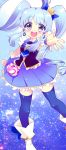  1girl blue_eyes blue_hair blue_legwear blue_skirt blush bow crown earrings hair_bow happinesscharge_precure! highres jewelry long_hair magical_girl msp_sammy open_mouth ponytail precure shirayuki_hime skirt smile solo thigh-highs twintails wrist_cuffs 