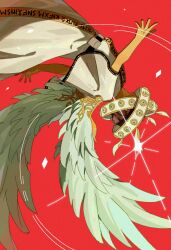  1boy angel_wings brown_hair capelet covered_face forsaken_(roblox) halo highres red_background robe roblox shedletsky_(roblox) simple_background solo upside-down white_capelet white_robe wings xom98 