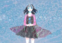  1girl aqua_eyes black_dress black_hair blue_background blue_streaks commentary_request cowboy_shot dress flower holding holding_flower jacket long_sleeves looking_at_viewer masking_tape_(medium) medium_hair mixed_media multicolored_hair original own_hands_together parted_lips ryono see-through_clothes see-through_jacket short_dress sleeveless sleeveless_dress solo straight-on streaked_hair traditional_media tulip unconventional_media white_streaks wispy_bangs 