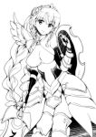  1girl armor armored_dress bare_shoulders braid breasts collarbone dress earrings feathered_wings hair_ornament halterneck highres holding holding_sword jewelry kazuchi large_breasts lineart long_hair monochrome puzzle_&amp;_dragons shield simple_background single_braid smile solo sword taut_clothes taut_dress thigh-highs tiara twin_braids valkyrie valkyrie_(p&amp;d) very_long_hair weapon white_background wings 