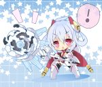  ! 1girl ahoge chibi hair_ornament holding looking_at_viewer matoi_(pso2) milkpanda phantasy_star phantasy_star_online_2 red_eyes ring_tails silver_hair solo spoken_exclamation_mark staff twintails 