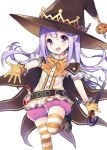  1girl :d detached_sleeves gloves halloween hat holding long_hair looking_at_viewer mauve open_mouth original pointy_ears pumpkin_pants purple_hair reaching shoes simple_background smile solo standing_on_one_leg striped striped_legwear thigh-highs violet_eyes wand white_background witch_hat yellow_gloves zettai_ryouiki 