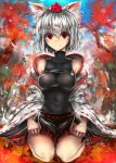 1girl animal_ears autumn_leaves bare_shoulders breasts collarbone detached_sleeves forest hat impossible_clothes inubashiri_momiji large_breasts leaf looking_at_viewer mound_of_venus nature navel pom_pom_(clothes) red_eyes short_hair silver_hair sitting smile solo takane_soprano tokin_hat touhou tree wariza wolf_ears 