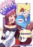  2girls :3 animal_ears bare_shoulders barking blush blush_stickers breasts brooch brown_hair collar collarbone detached_sleeves dress english fang hat inubashiri_momiji itsuki_(kisaragi) jewelry long_hair long_sleeves multiple_girls open_mouth pom_pom_(clothes) red_eyes shield short_hair silver_hair tail tokin_hat touhou wolf_ears wolf_tail 