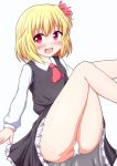  1girl :d ascot blonde_hair blush fang highres legs open_mouth panties red_eyes rumia short_hair simple_background smile solo touhou underwear white_background white_panties yakumo_nanahara 