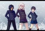  3boys amano-sora black_hair blue_eyes blue_hair boots coat fangs fur_trim hair_over_one_eye hands_on_hips kishima_kouma melty_blood multiple_boys nanaya_shiki open_mouth red_eyes short_hair shorts smile snowing toono_shiki toono_shiki_(2) tsukihime white_hair winter_clothes 