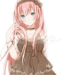  1girl bare_shoulders blue_eyes bracelet breasts brown_dress choker collarbone dress earrings hair_ribbon hand_in_hair happy_birthday head_tilt heart heart_of_string hiro_(hirohiro31) jewelry large_breasts long_hair megurine_luka off_shoulder pink_hair red_nails ribbon ring smile solo very_long_hair vocaloid 