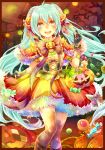  1girl ahoge akikaze_komachi aqua_eyes aqua_hair candy candy_cane checkerboard_cookie cookie food food_as_clothes food_themed_clothes gloves hair_ornament halloween hatsune_miku jack-o&#039;-lantern long_hair open_mouth skirt solo thigh-highs twintails very_long_hair vocaloid 
