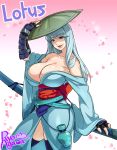  1girl agawa_ryou artist_name black_legwear blue_eyes breasts character_name cleavage fingerless_gloves gloves gourd hat huge_breasts japanese_clothes kimono lips long_hair no_bra nodachi obi off_shoulder original petals sash sheath sheathed silver_hair smile solo straw_hat thigh-highs vambraces 