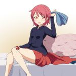  1girl :d barefoot blush bow cape cato_(monocatienus) collared_shirt hair_bow legs long_sleeves looking_at_viewer miniskirt open_mouth orange_eyes pillow pink_hair pleated_skirt sekibanki sitting_on_bed skirt smile solo touhou tunic undressing 