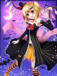 1girl bat blonde_hair crescent_moon fang flandre_scarlet hair_ribbon halloween hat highres mini_top_hat miniskirt moon open_hand red_eyes ribbon side_ponytail skirt solo striped striped_legwear top_hat touhou wings ymd_(holudoun) 