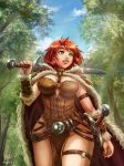  1girl 2014 breasts cape cleavage clouds cowboy_shot forest fur_trim green_eyes la_qu&ecirc;te_de_l&#039;aube looking_to_the_side maxa&#039; nature over_shoulder redhead sky smile solo sword sword_over_shoulder tyra_oeil_de-loup vambraces walking weapon weapon_over_shoulder 