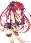  1girl blush breasts brown_eyes brown_hair cleavage gloves hair_ribbon large_breasts leaning_forward long_hair naughty_face official_art otosume_ruiko ponytail ribbon shaberu!_kaizoku_fantasia smile solo thigh_pouch very_long_hair 