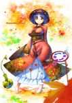  1girl arms_behind_back barefoot bowl floral_print japanese_clothes kimono looking_at_viewer mallet obi purple_hair red_clothes red_eyes sash short_hair sleeves_past_wrists smile standing sukuna_shinmyoumaru touhou umigarasu_(kitsune1963) wide_sleeves 