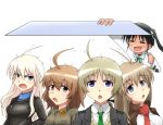  5girls :d :o =_= ahoge black_hair blonde_hair blue_eyes blush bow braid brown_eyes brown_hair eyebrows fang francesca_lucchini hair_ribbon hanna-justina_marseille holding huge_ahoge inufusa_yuno isosceles_triangle_(xyzxyzxyz) jacket light_brown_hair long_hair long_sleeves looking_up lynette_bishop military military_uniform motion_lines multiple_girls necktie open_mouth red_scarf ribbon scarf simple_background single_braid smile static_cling strike_witches sweater_vest trait_connection twintails uniform vest white_background white_ribbon wilma_bishop 