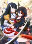  2girls absurdres black_hair blue_eyes highres katana kill_la_kill kiryuuin_satsuki long_hair looking_at_viewer matoi_ryuuko multicolored_hair multiple_girls redhead scissor_blade short_hair skirt smile sword umakatsuhai weapon 