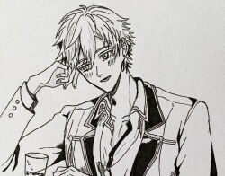  1boy alcohol blazer blush buttons collarbone collared_jacket collared_shirt commentary_request cup drinking_glass drunk earrings eyelashes fingernails greyscale hand_on_own_head happy highres jacket jewelry kohanai_setsuna lapels layered_sleeves loen_(shining_nikki) long_sleeves looking_ahead lower_teeth_only military_uniform monochrome nikki_(series) notched_lapels open_mouth pectoral_cleavage pectorals photo_(medium) shining_nikki shirt short_hair smile solo stud_earrings teeth traditional_media two-sided_fabric two-sided_jacket upper_body wine wine_glass 