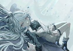  1girl breasts chain chained focalors_(genshin_impact) genshin_impact grey_eyes grey_hair highres holding_hands koumimi looking_at_viewer lying on_back parted_lips solo_focus teeth 