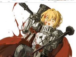  1girl armor blonde_hair blood blood_in_hair blood_on_armor blood_on_face cape don_quixote_(project_moon) gauntlets hammer highres holding holding_hammer holding_nail kampuzu limbus_company n_corp._fanatic_(identity)_(project_moon) nail_(hardware) open_mouth pauldrons project_moon red_cape short_hair shoulder_armor simple_background smile solo wax_seal white_background yellow_eyes 