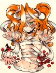  1girl bandages blush breasts green_eyes hat kusanagi_tonbo long_hair looking_at_viewer mummy navel octopus open_mouth orange_hair original outstretched_arms pointy_ears trick_or_treat twintails witch_hat zombie_pose 
