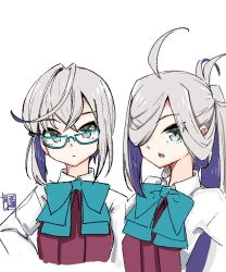  2girls ahoge alternate_eye_color alternate_hair_color artist_logo asashimo_(kancolle) collared_shirt commentary_request dress dress_shirt glasses grey_eyes grey_hair halter_dress halterneck kantai_collection logo long_hair multiple_girls okinami_(kancolle) ponytail purple_dress shirt short_hair simple_background torikai_a upper_body white_background white_shirt 