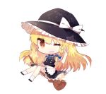  1girl ;d blonde_hair bow braid broom chibi cuivre hair_bow hair_ribbon hat kirisame_marisa long_hair looking_at_viewer one_eye_closed open_mouth ribbon riding single_braid smile solo touhou v witch_hat yellow_eyes 
