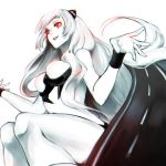  1girl airfield_hime bare_shoulders bodysuit breasts from_below highres horns kantai_collection long_hair red_eyes sa_tsuko shinkaisei-kan sitting solo very_long_hair white_background white_hair white_skin 