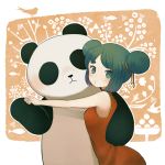  1girl ayu_(mog) bare_shoulders bird blue_eyes blue_hair blush chinese_clothes double_bun dress hug original panda red_dress short_hair solo 