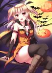  1girl :d bat black_gloves black_legwear blush boots breasts broom broom_riding capelet cleavage dress fang fingerless_gloves full_moon gloves hair_ornament halloween highres jack-o&#039;-lantern long_hair looking_at_viewer moon night night_sky nyarumi_(buluerose) open_mouth original red_eyes sky smile solo thigh-highs two_side_up 