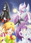  4girls arm_warmers blush clouds crossover cure_bright cure_moonlight cure_windy dark_precure detached_sleeves dress earrings eyelashes fingerless_gloves futari_wa_precure_splash_star gacchahero gloves happy heartcatch_precure! hyuuga_saki jewelry long_hair looking_at_viewer magical_girl mishou_mai moon multiple_girls open_mouth precure puffy_sleeves ribbon sky smile super_silhouette_(heartcatch_precure!) tsukikage_yuri very_long_hair white_dress wrist_cuffs 