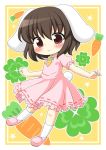  1girl :&gt; animal_ears black_hair bunny_tail carrot carrot_necklace clover dress four-leaf_clover highres inaba_tewi looking_at_viewer pink_dress rabbit_ears red_eyes shinshiusa shoes short_hair socks solo tail touhou white_legwear 