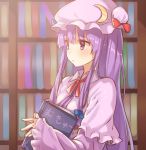  1girl book bow capelet crescent dress hair_bow hair_ornament hat hat_bow highres long_hair long_sleeves mob_cap patchouli_knowledge purple_dress purple_hair shinoba solo touhou violet_eyes wide_sleeves 