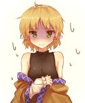 1girl bare_shoulders blonde_hair breasts bust green_eyes looking_at_viewer mizuhashi_parsee off_shoulder shaded_face shinoba shirt short_hair simple_background sleeveless sleeveless_turtleneck solo touhou turtleneck undressing white_background 