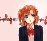  1girl :o awa_(gj_world2) bow brown_hair food fruit hair_bow kousaka_honoka looking_to_the_side love_live!_school_idol_project pink_background school_uniform side_ponytail solo strawberry violet_eyes 