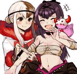  2girls amina_(terra_battle) bandages black_hair blush breasts brown_eyes brown_hair cape choker circlet cleavage closed_eyes collarbone dressing familiar fur_trim grace_(terra_battle) hair_ornament hood laughing long_hair muh_(drawfag) multicolored_hair multiple_girls navel open_mouth sarashi simple_background smile terra_battle two-tone_hair white_background white_hair 