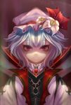  1girl aurora_rokudo blue_hair brooch eyelashes flower hat hat_flower hat_ribbon jewelry light_smile looking_at_viewer mob_cap portrait pov pov_eye_contact red_eyes remilia_scarlet ribbon shaded_face short_hair solo touhou tsurime 