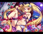  1girl blazblue blonde_hair hair_ribbon highres ishii666 long_hair looking_at_viewer navel rachel_alucard red_eyes ribbon smile solo twintails 