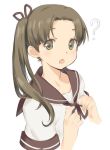  1girl ? ayanami_(kantai_collection) blush brown_hair hair_ribbon kantai_collection kawata_hisashi long_hair looking_at_viewer open_mouth ribbon school_uniform serafuku side_ponytail simple_background solo white_background 