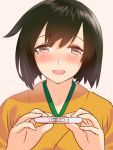  1girl black_hair blew_andwhite blush brown_eyes highres hiryuu_(kantai_collection) japanese_clothes kantai_collection looking_at_viewer pregnancy_test pregnant short_hair smile solo tearing_up tears 